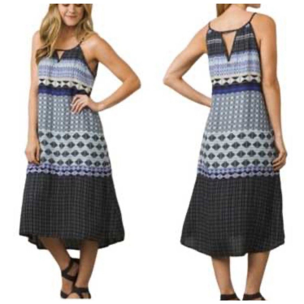 Prana Dress Womens Small Blue Nari Keyhole‎ Neckline Boho Artistic Festival Midi